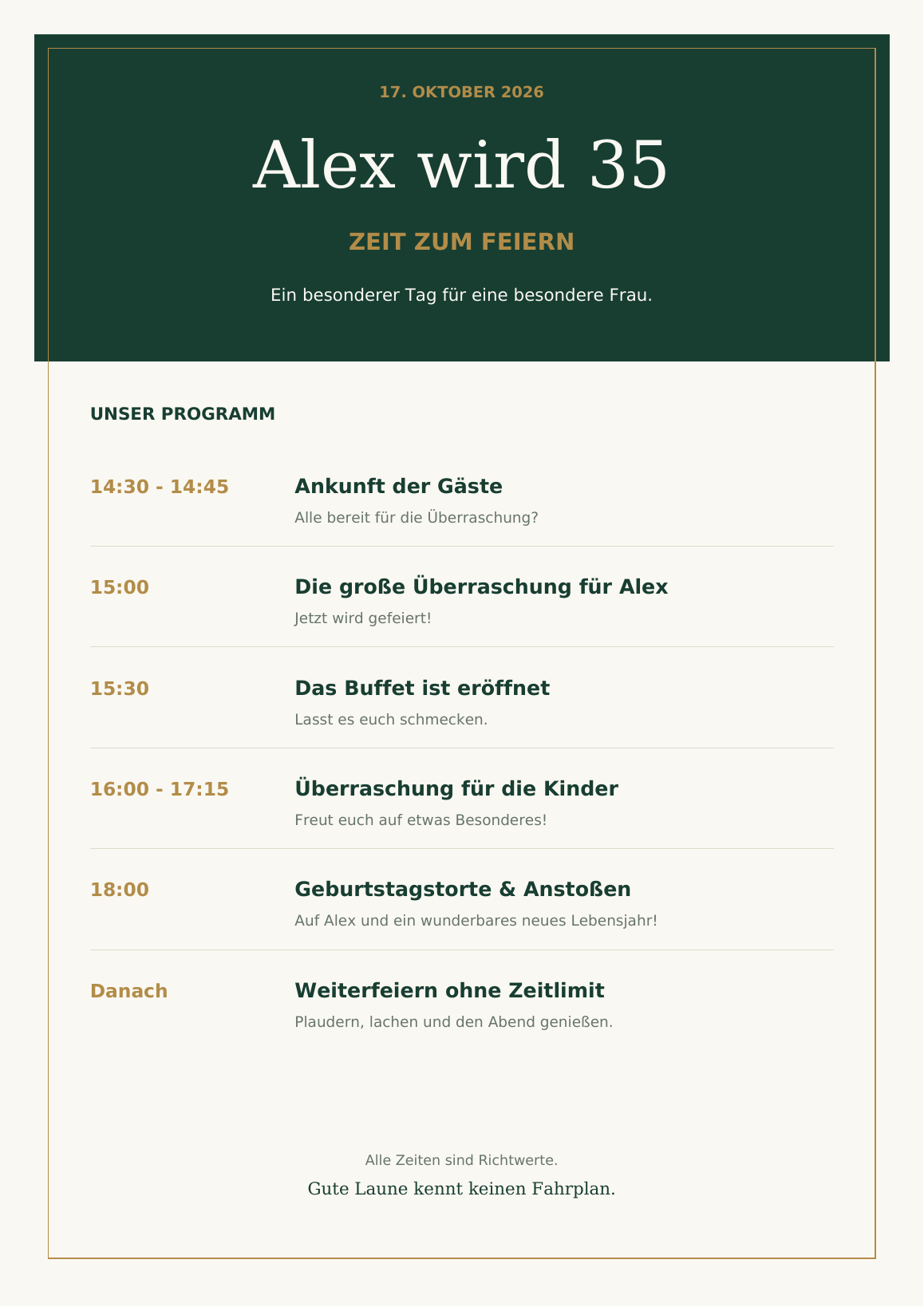 Tagesprogramm der Geburtstagsfeier am 17. Oktober 2026: Gäste ab 14:30 Uhr, Überraschung 15:00 Uhr, Buffet 15:30 Uhr, Kinderprogramm 16:00 bis 17:15 Uhr, Torte 18:00 Uhr